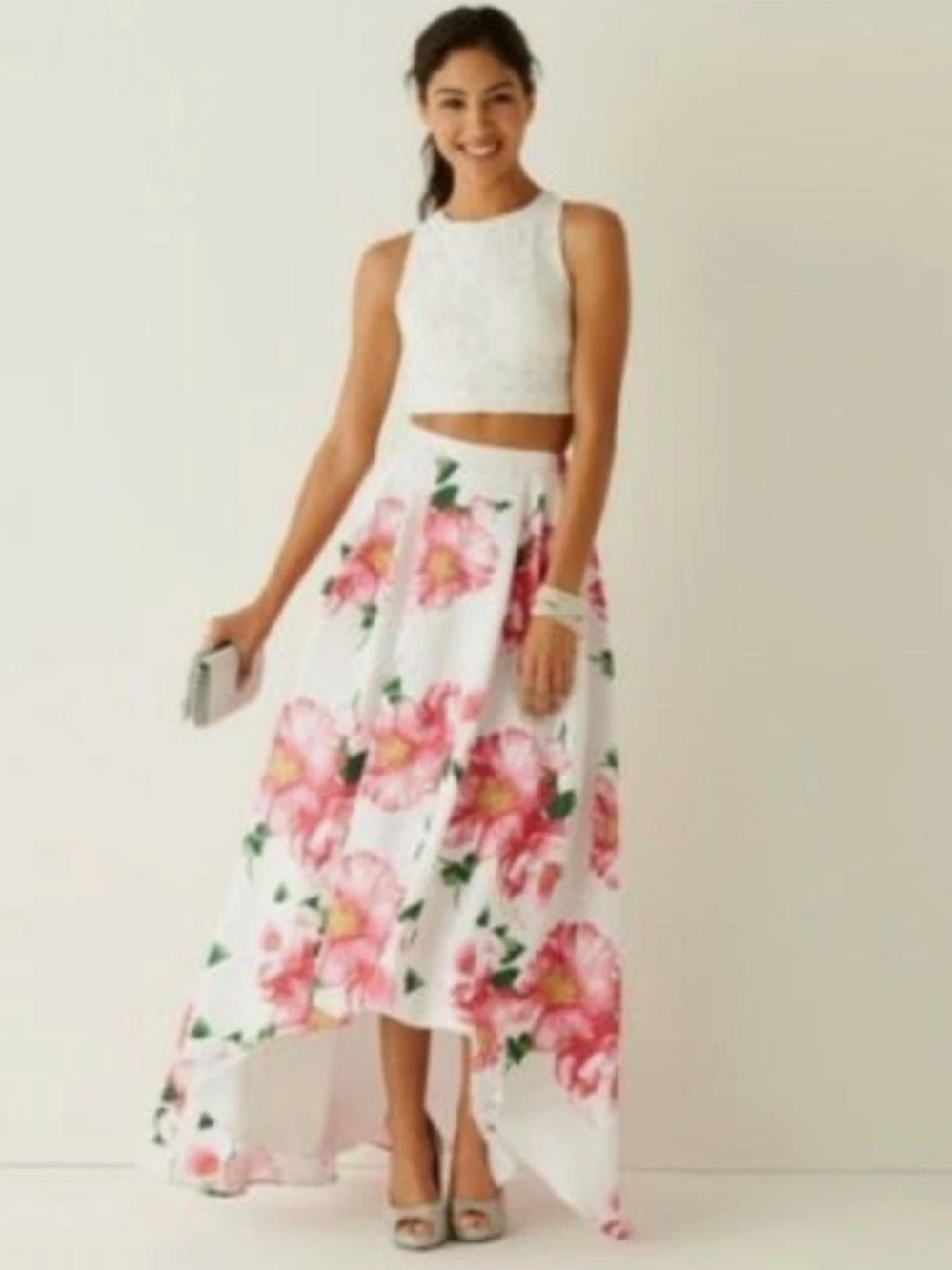 Floral High-Low Maxi Skirt in White and Pink